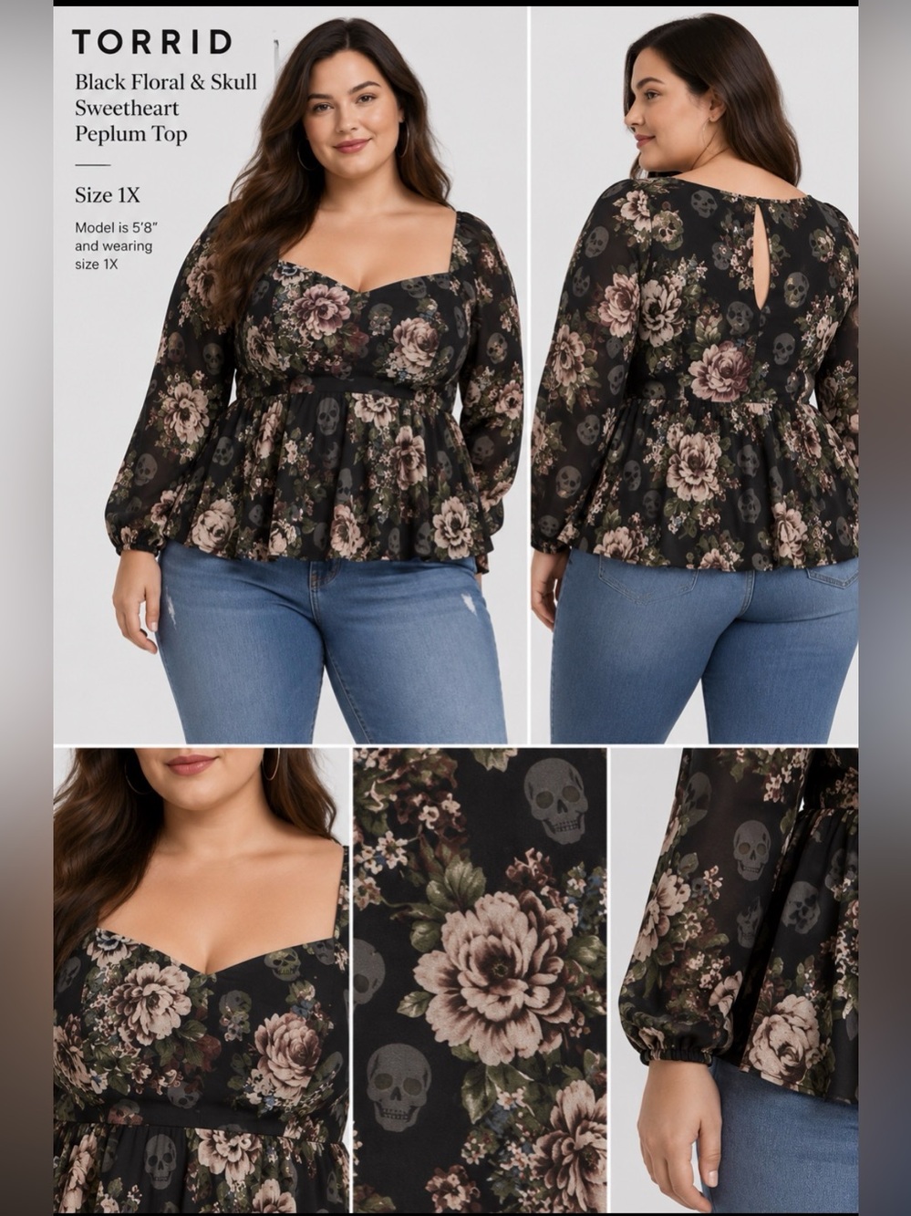 torrid Black Floral & Skull Sweetheart Peplum Top